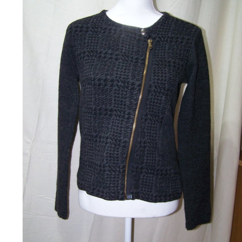 Maryline Wool Sweater Gray Small Front Zip Plaid